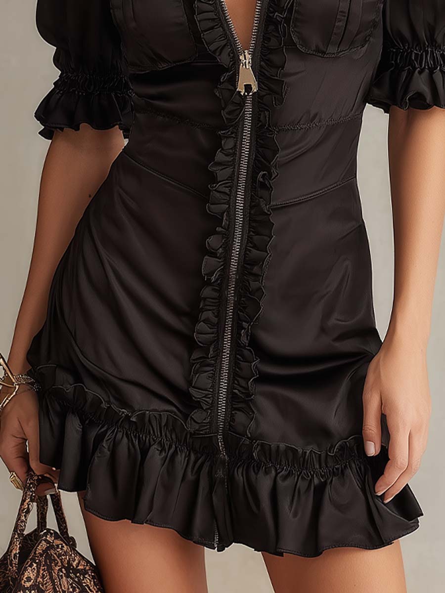 Stylish Black Mini Dress for Women with Ruffle Trim Zip Front Party Style