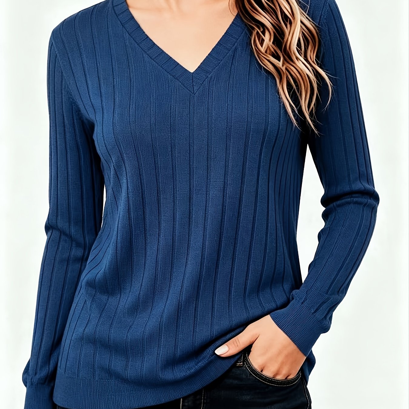 Comfortable Ribbed Knit Sweater for Women with V Neck Long Sleeve Relaxed Casual Style