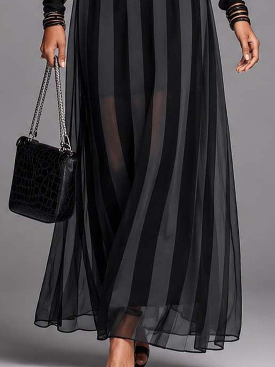 Elegant Black Maxi Dress for Women with Round Neck Long Sleeve Sheer Stripe Belted Formal Style