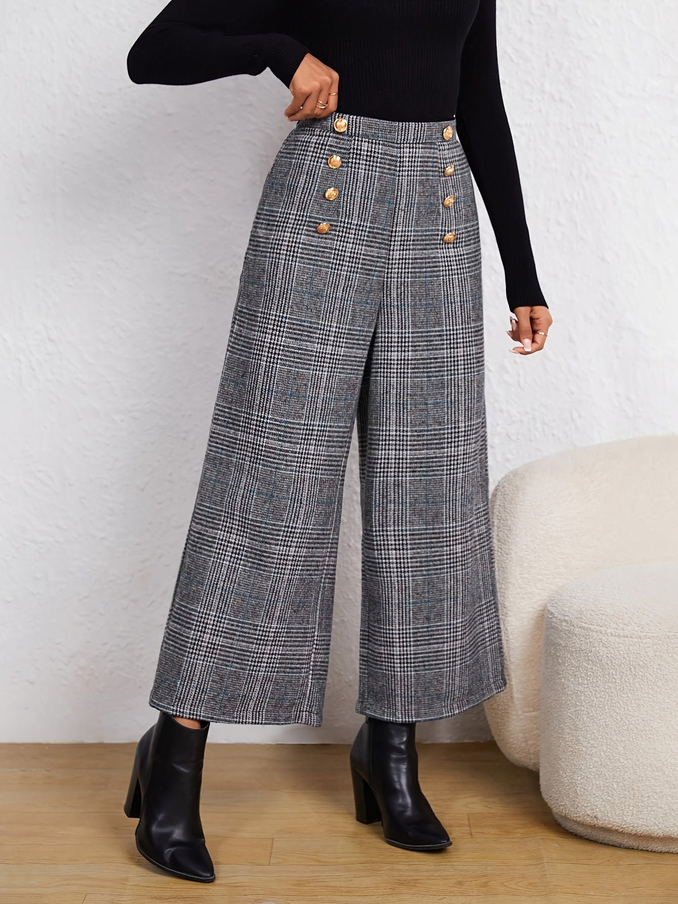 Elegant Grey Houndstooth Wide Leg Pant for Women with High Waist Button Front Cropped Tailored Style