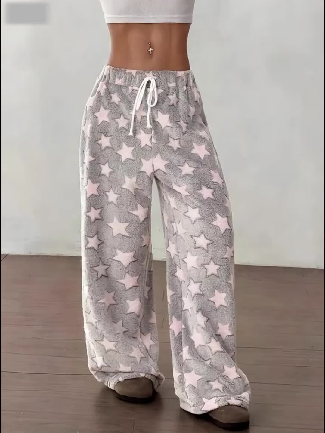 Comfortable Grey Star Print Fleece Pajama Pants for Women with High Waist Drawstring Wide Leg Cozy Style