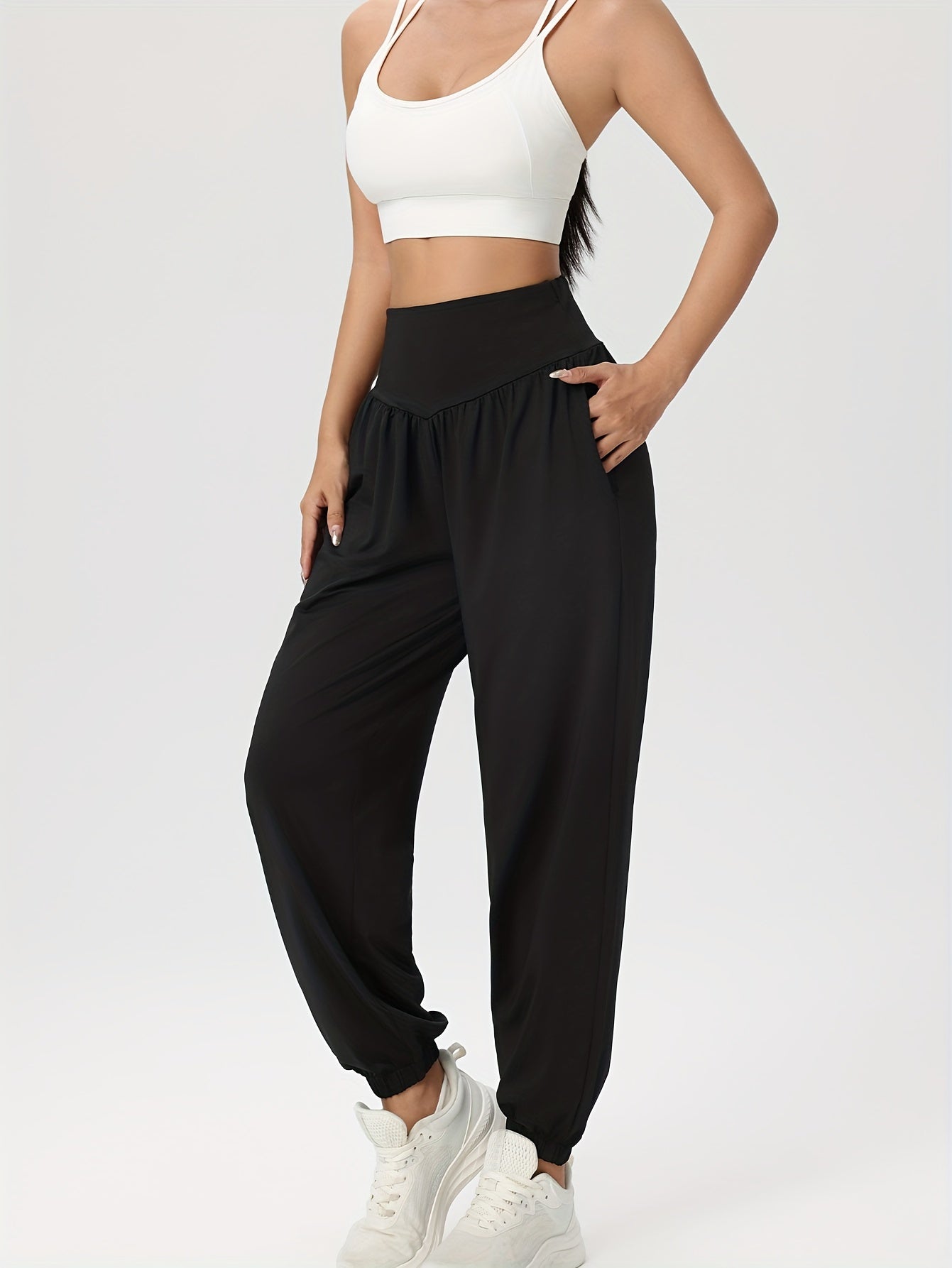 Effortless Black Jogger Pants for Women with High Waist Gathered Elastic Cuff Casual Style