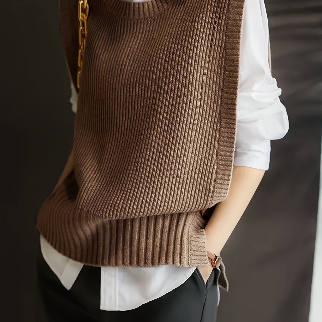Comfortable Ribbed Knit Sweater Vest for Women with Crew Neck Sleeveless Relaxed Oversized Style
