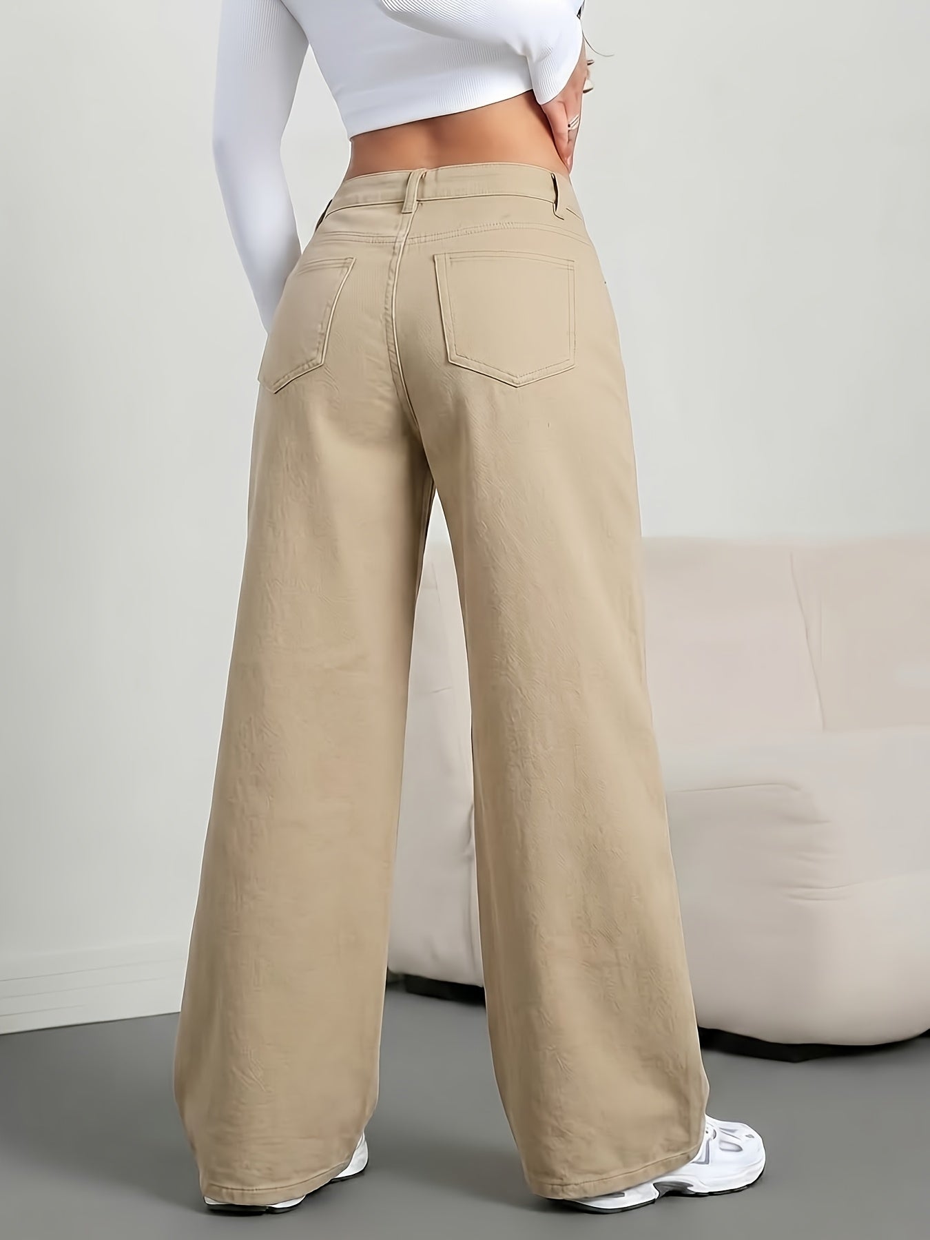 Effortless Khaki Wide Leg Jeans for Women with High Waist Five Pocket Relaxed Casual Style