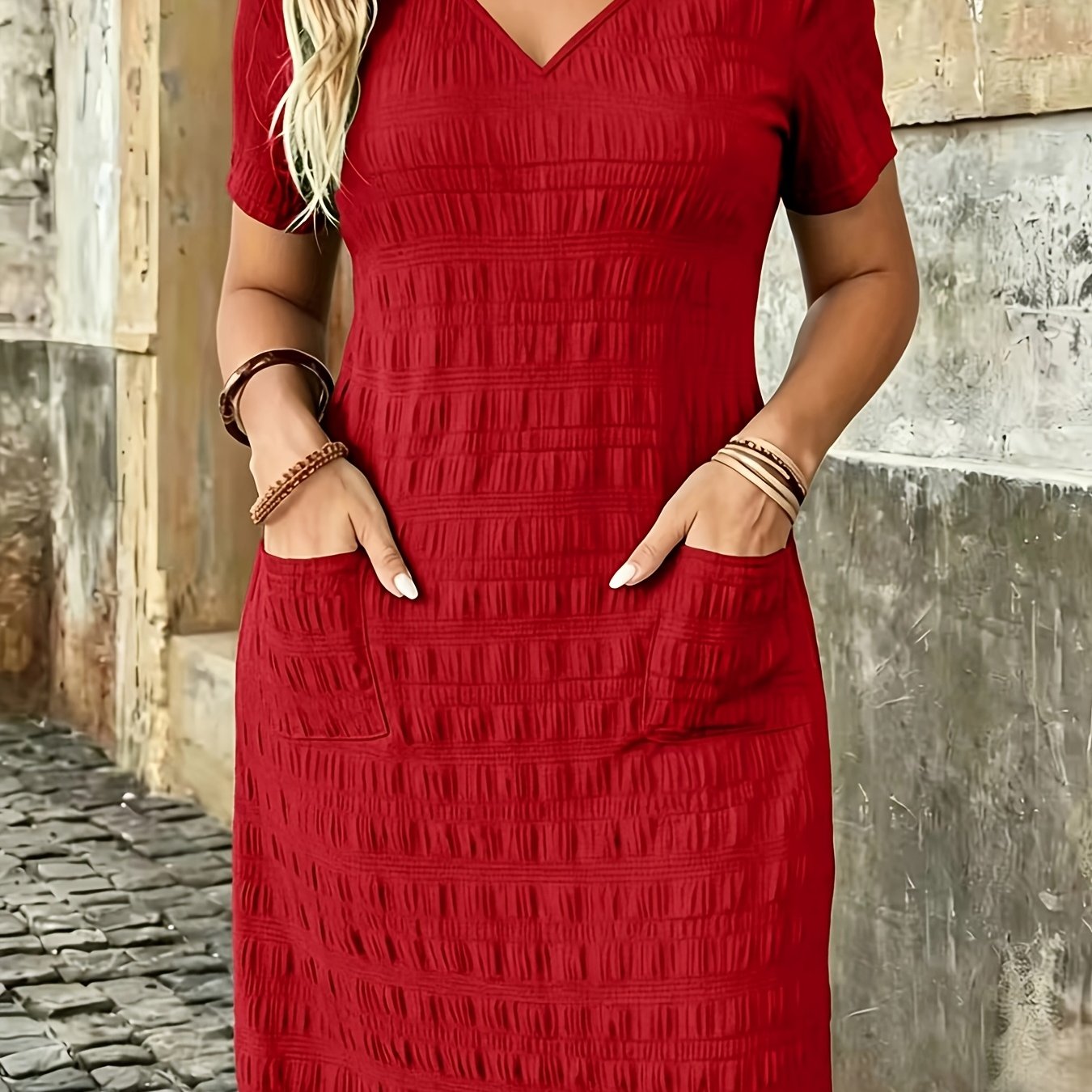 Effortless Textured Shift Dress for Women with V Neck Short Sleeve Side Pocket Relaxed Casual Style