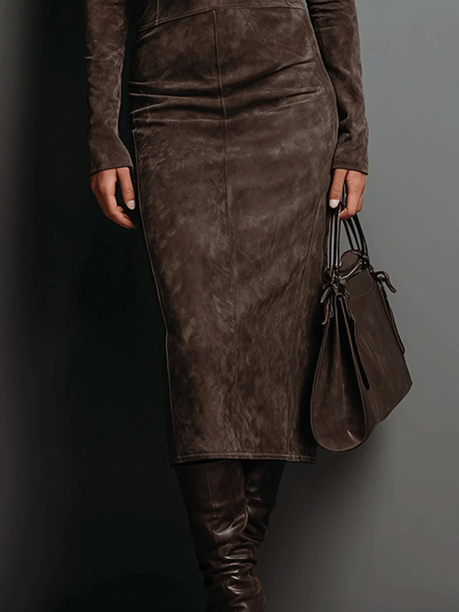 Elegant Suede Bandage Dress for Women in Semi Formal Midi Style