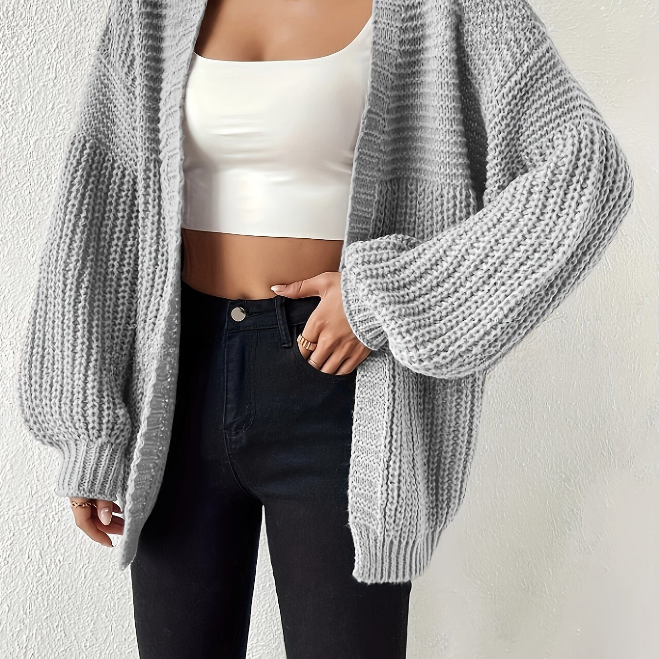 Comfortable Chunky Knit Cardigan for Women with Open Front Balloon Sleeve Oversized Relaxed Style