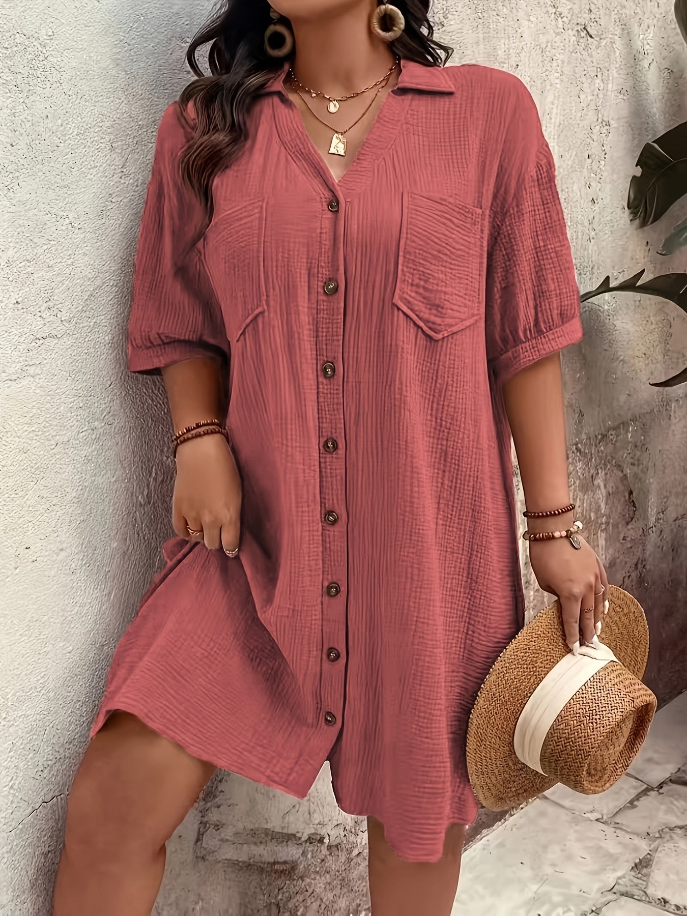 Effortless Wheat Cotton Shirt Dress for Women with Collar Elbow Sleeve Button Front Relaxed Casual Style