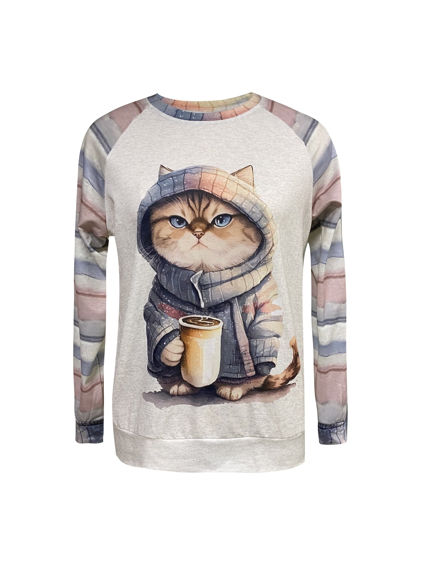 Comfortable Apricot Cat Print Sweatshirt for Women with Crew Neck Long Sleeve Striped Raglan Casual Style