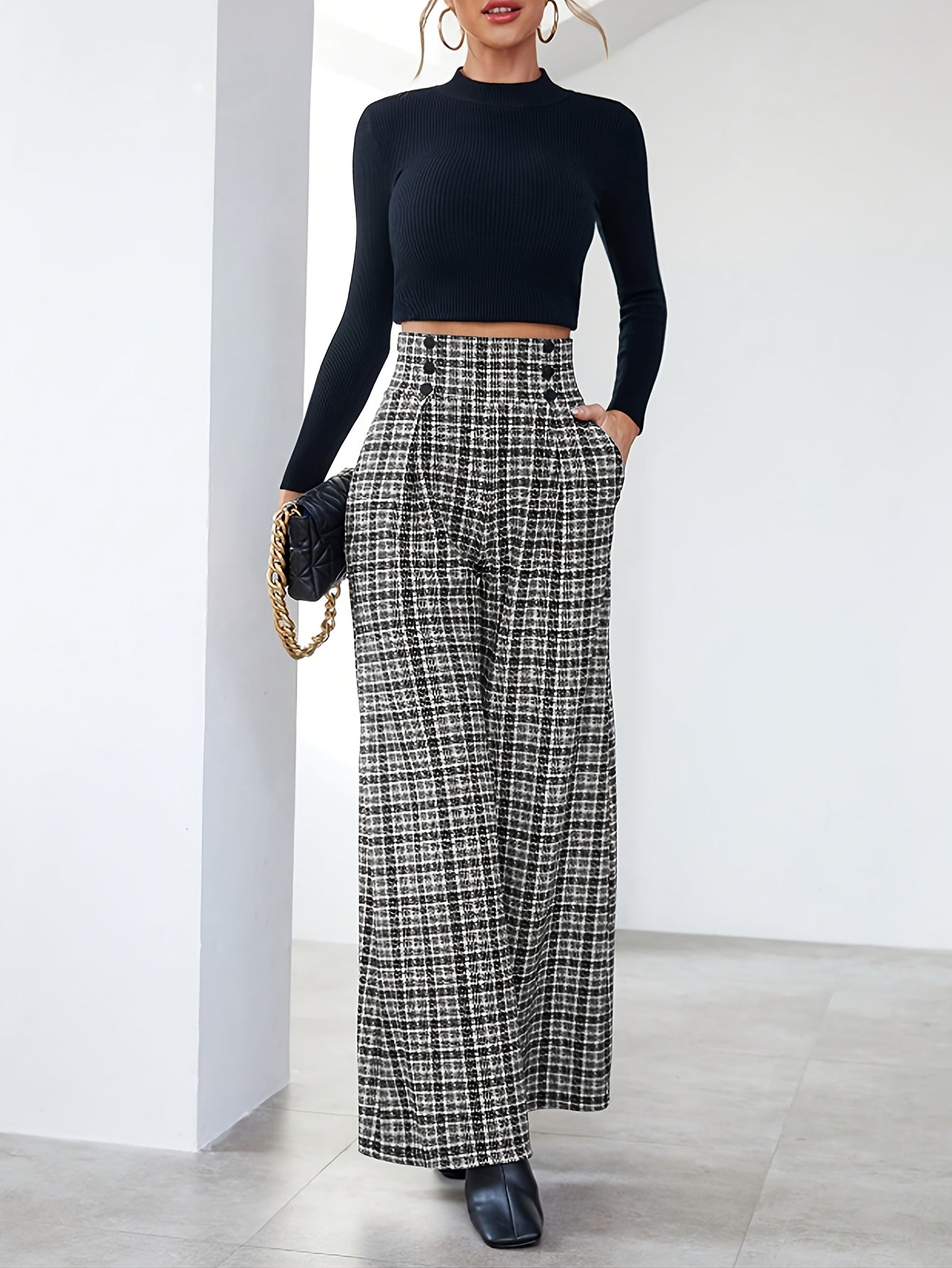 Elegant Black and White Plaid Wide Leg Pants for Women with High Waist Button Front Pleated Tailored Style