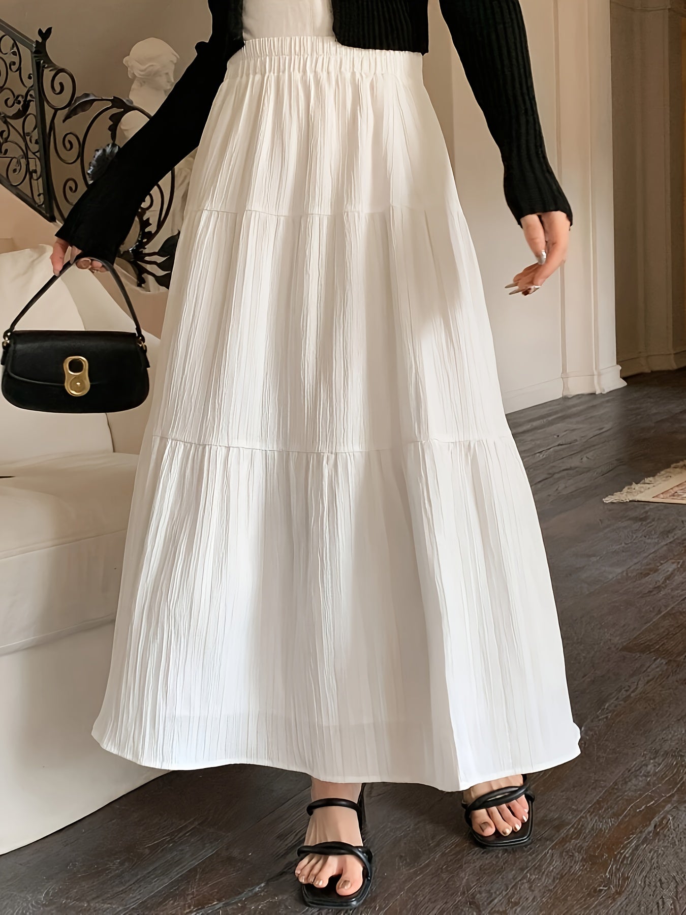 Elegant White Tiered Maxi Skirt for Women with High Waist Textured A Line Flowing Style