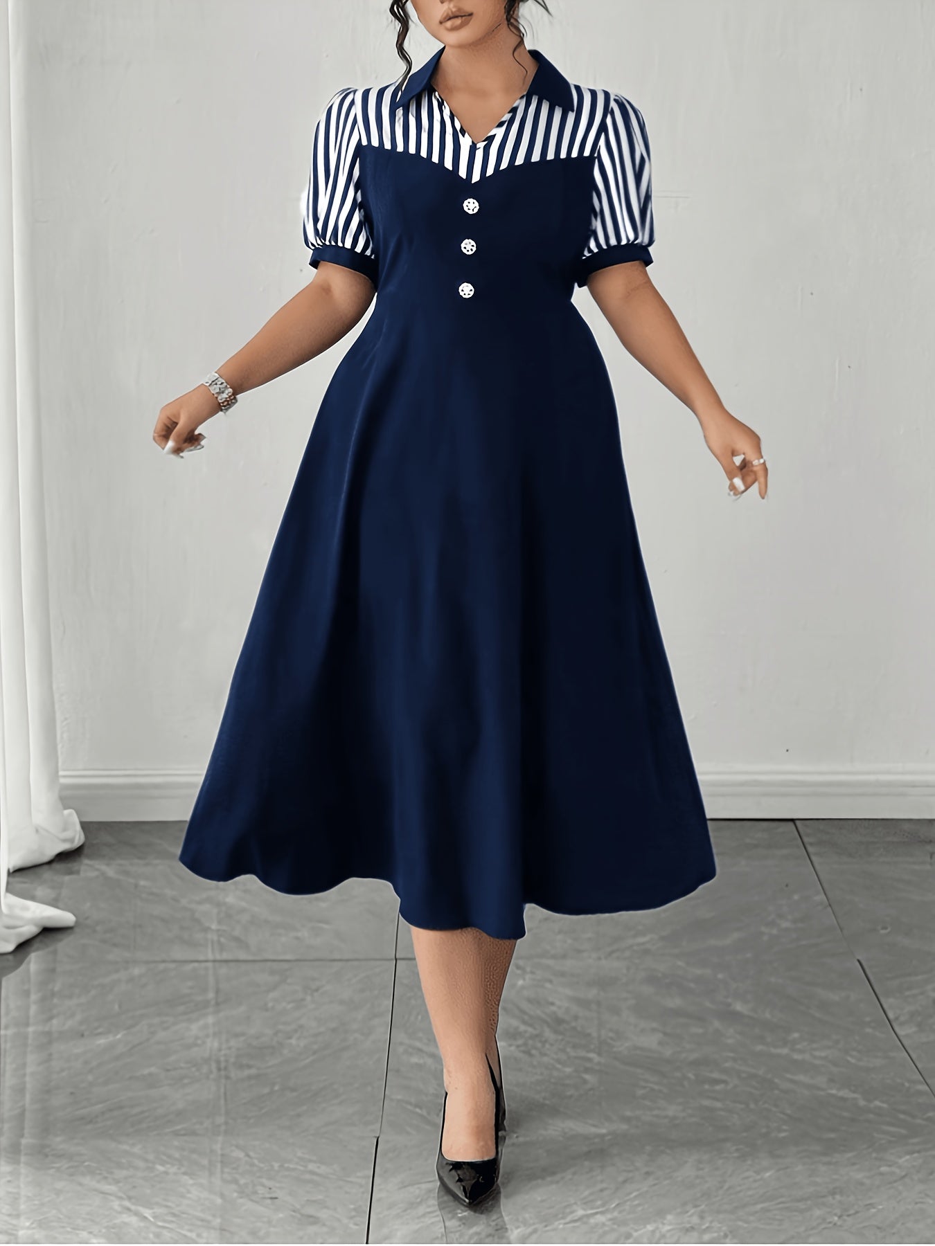 Elegant Navy Striped Midi Dress for Women with Collar Short Sleeve Button Front A Line Style