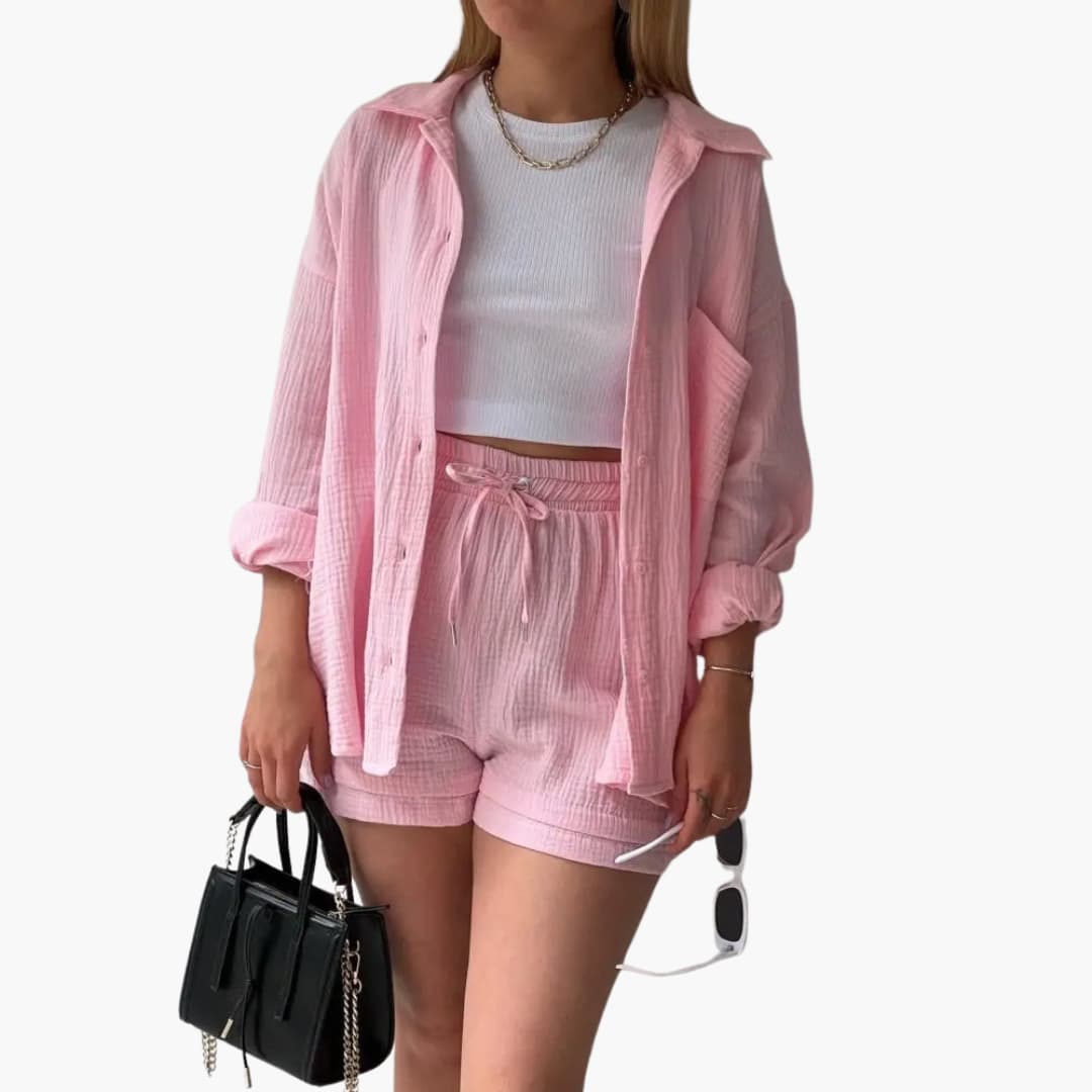 Women's Three-Piece Set | Button-front Shirt, Top, and Shorts