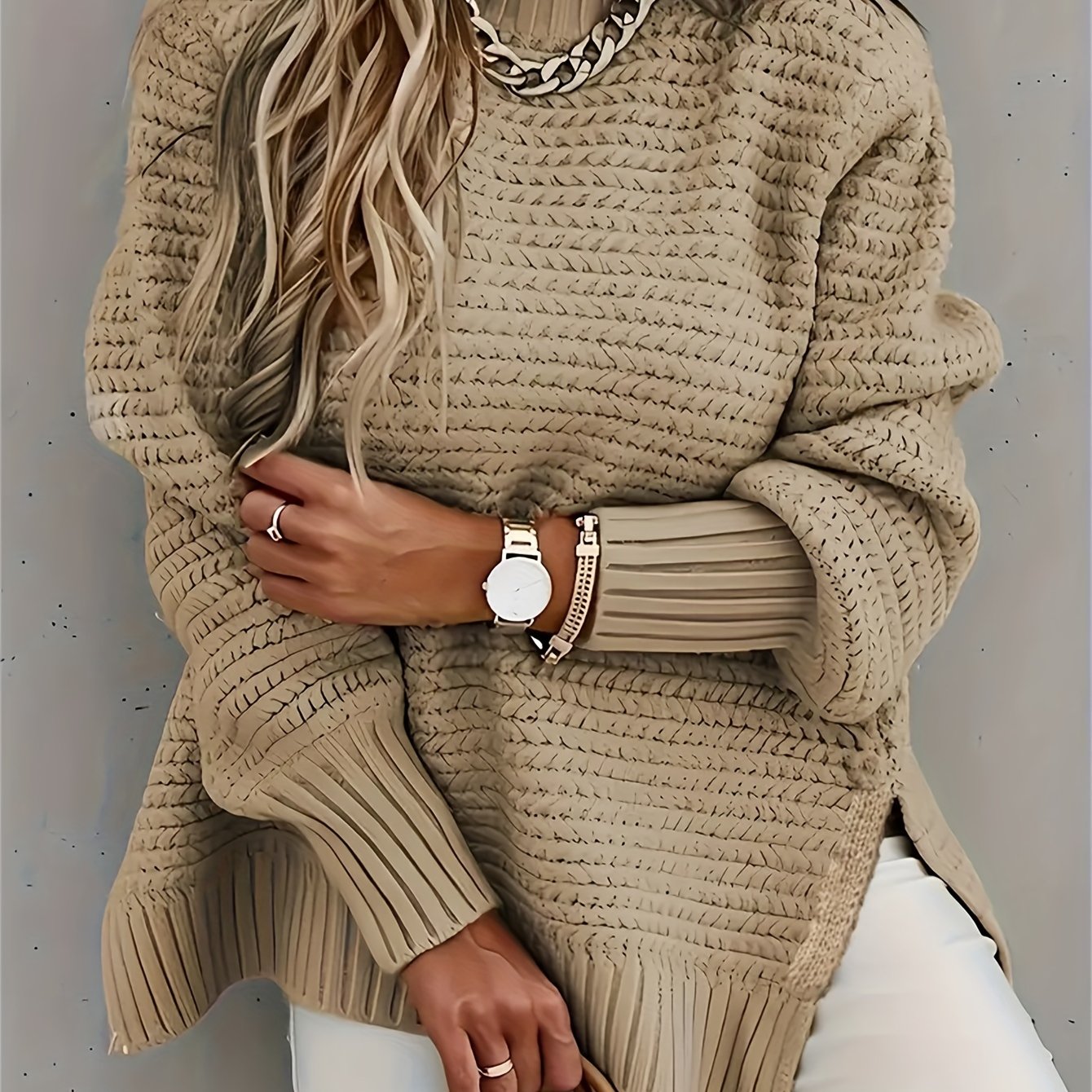 Comfortable Textured Knit Sweater for Women with Mock Neck Long Sleeve Side Slit Oversized Style