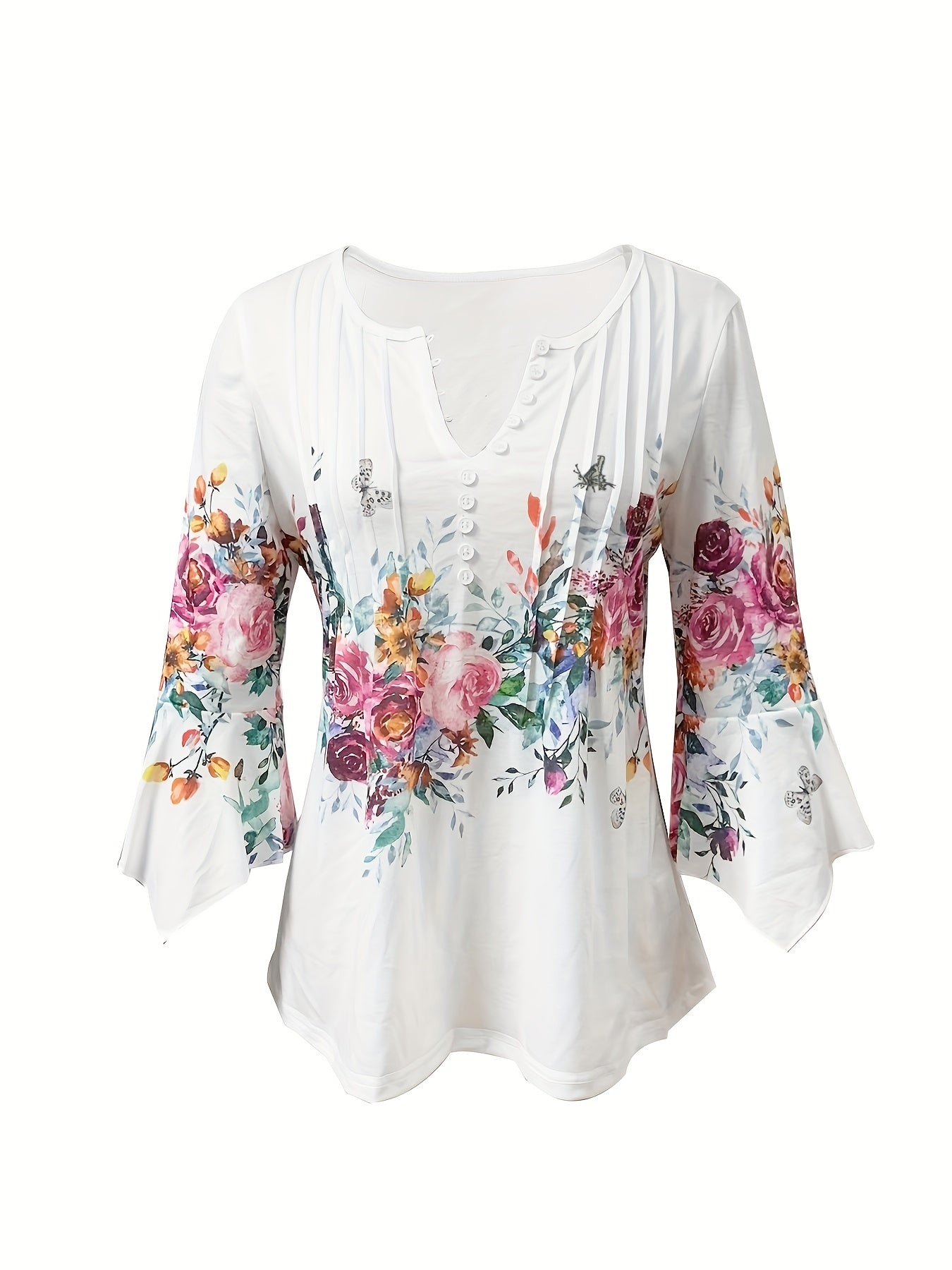 Elegant White Floral Blouse for Women with V Neck Bell Sleeve Button Front Relaxed Style