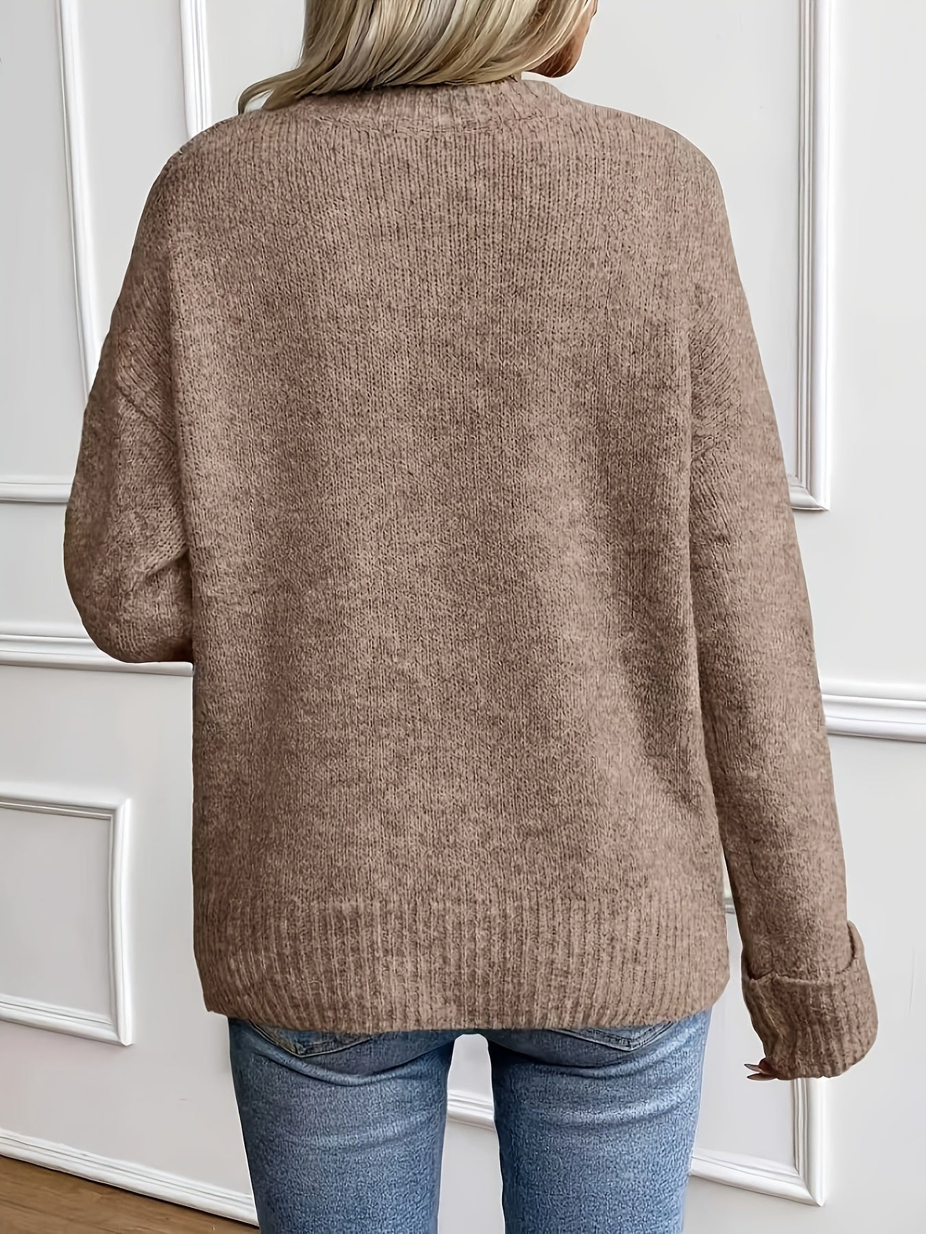 Comfortable Khaki Ribbed Knit Sweater for Women with Crew Neck Long Sleeve Relaxed Oversized Style