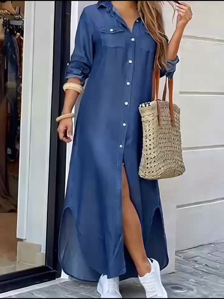 Elegant Blue Denim Shirt Maxi Dress for Women with Collar Long Sleeve Button Front High Low Style