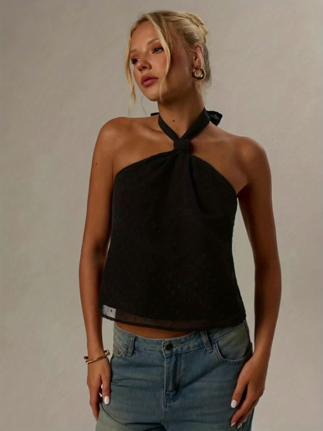 Elegant Black Swiss Dot Halter Top for Women with Sleeveless Sheer Tie Back Cropped Style