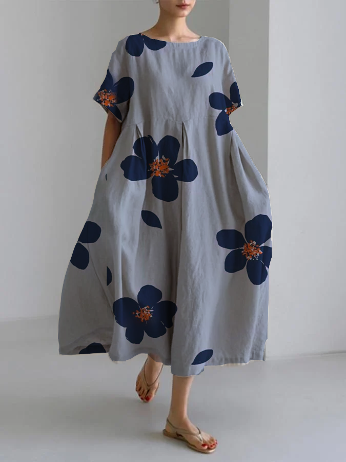 Effortless Blue Floral Maxi Dress for Women with Round Neck Short Sleeve Oversized Relaxed Style