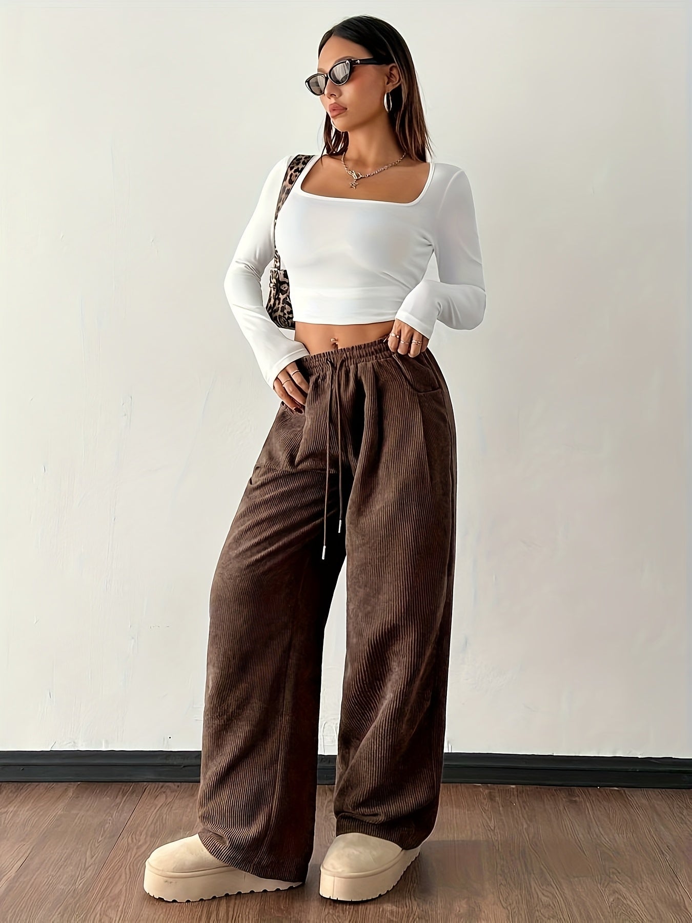 Effortless Dark Brown Corduroy Wide Leg Pants for Women with High Waist Drawstring Relaxed Casual Style
