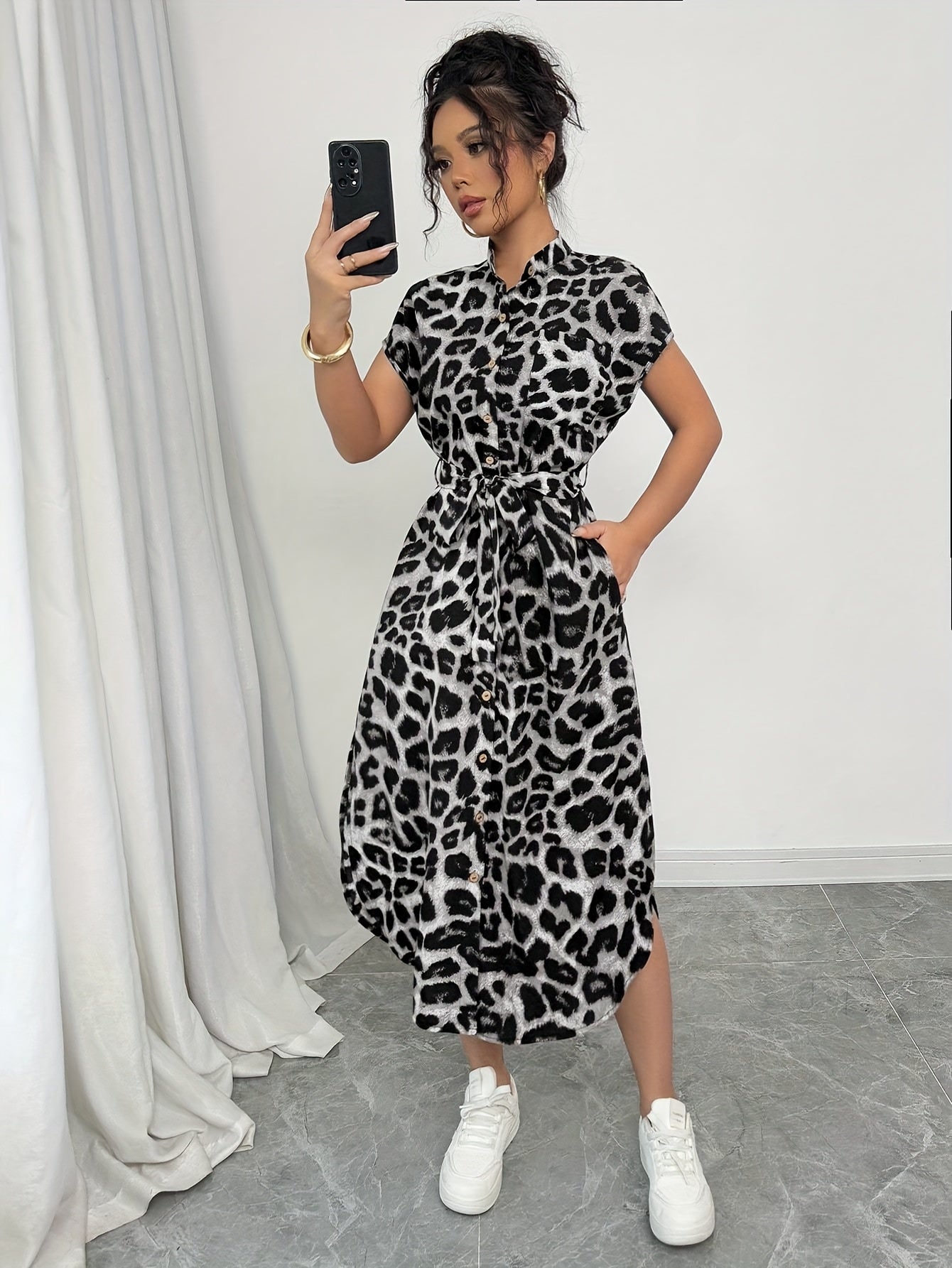Elegant Leopard Print Midi Dress for Women - Short Sleeve, High-Low Hem, Button-Up Front, Machine Washable, Perfect for Casual or Vacation Style, Versatile Midi Dress | Short Sleeve Dress | Vacation Wear
