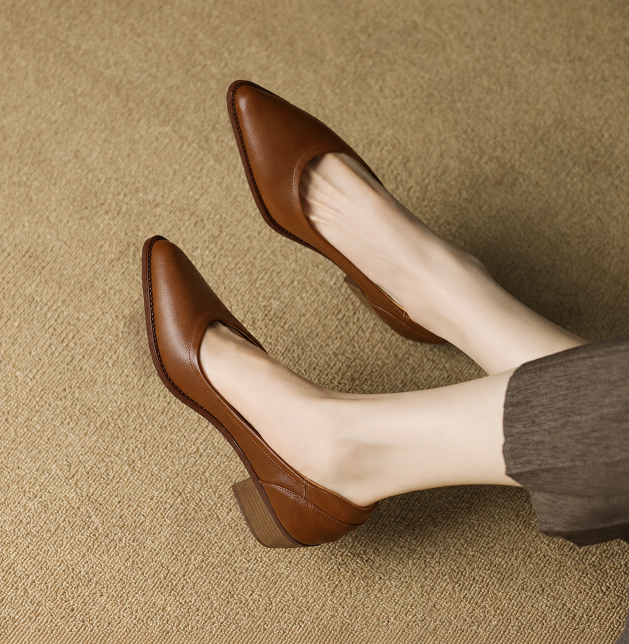 Elegant Leather Pointed Toe Pump for Women with Chunky Block Heel Slip On Casual Style