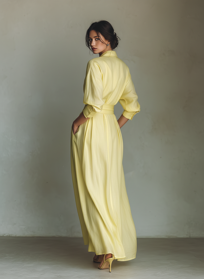 Elegant Yellow Linen Maxi Dress for Women with Collar Neck Elbow Sleeve Wrap Tie Waist Flowing Style