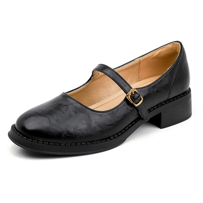 Elegant Leather Mary Jane Flats for Women with Round Toe Buckle Strap Block Heel Vintage Style