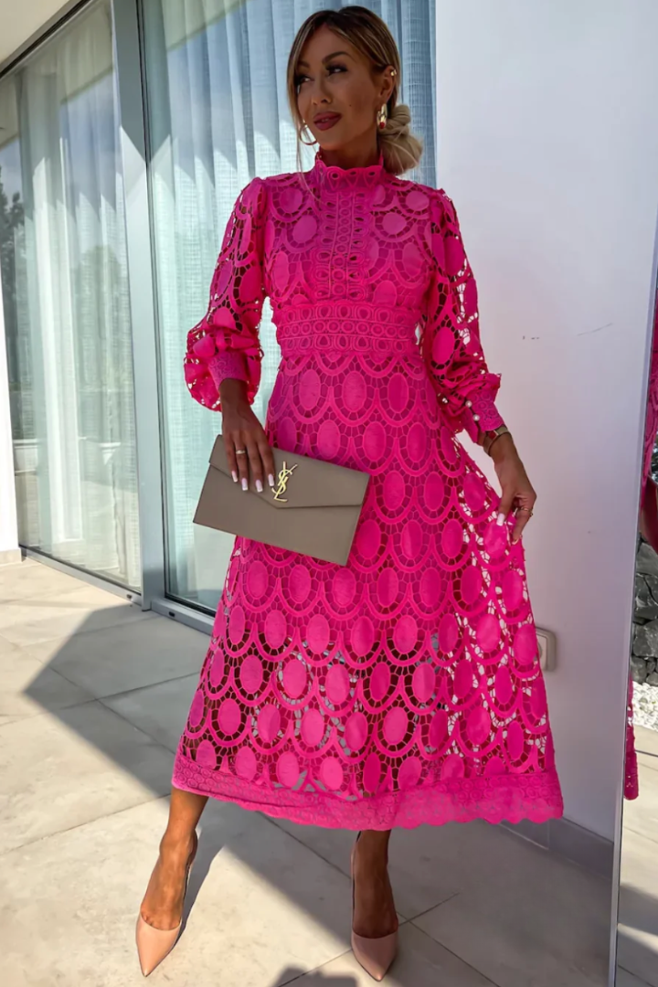 Elegant Lace Midi Dress for Women with High Neck Long Sleeve Crochet A Line Formal Cocktail Style