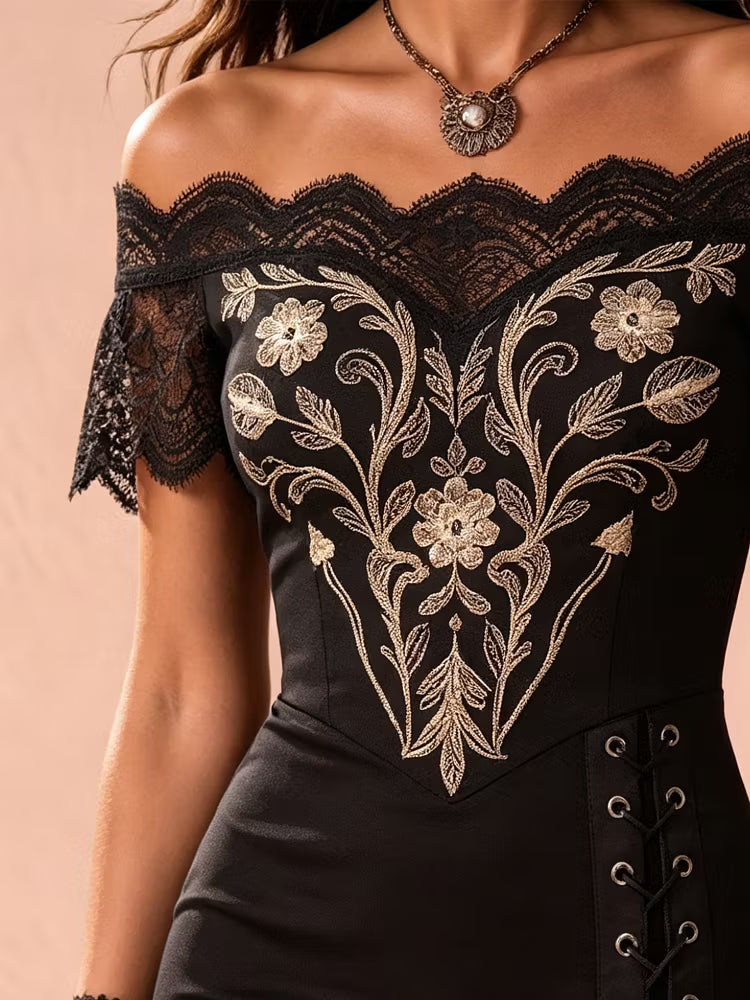 Elegant Black Dress for Women with Gold Embroidery Lace Panel Asymmetrical Hem