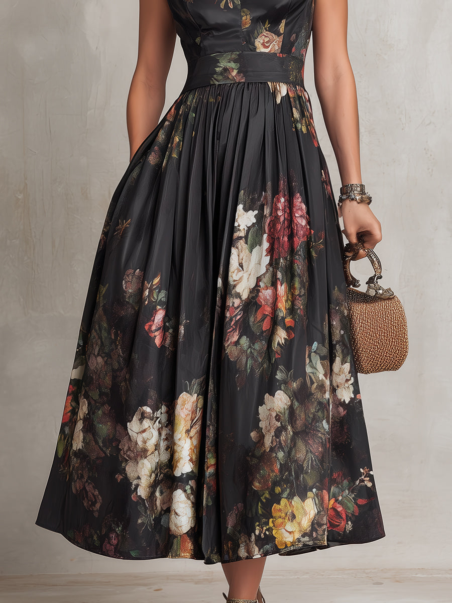 Elegant Black Floral Midi Dress for Women with Stand Collar Keyhole Neck Cap Sleeve A Line Skirt Formal Wedding Guest Style