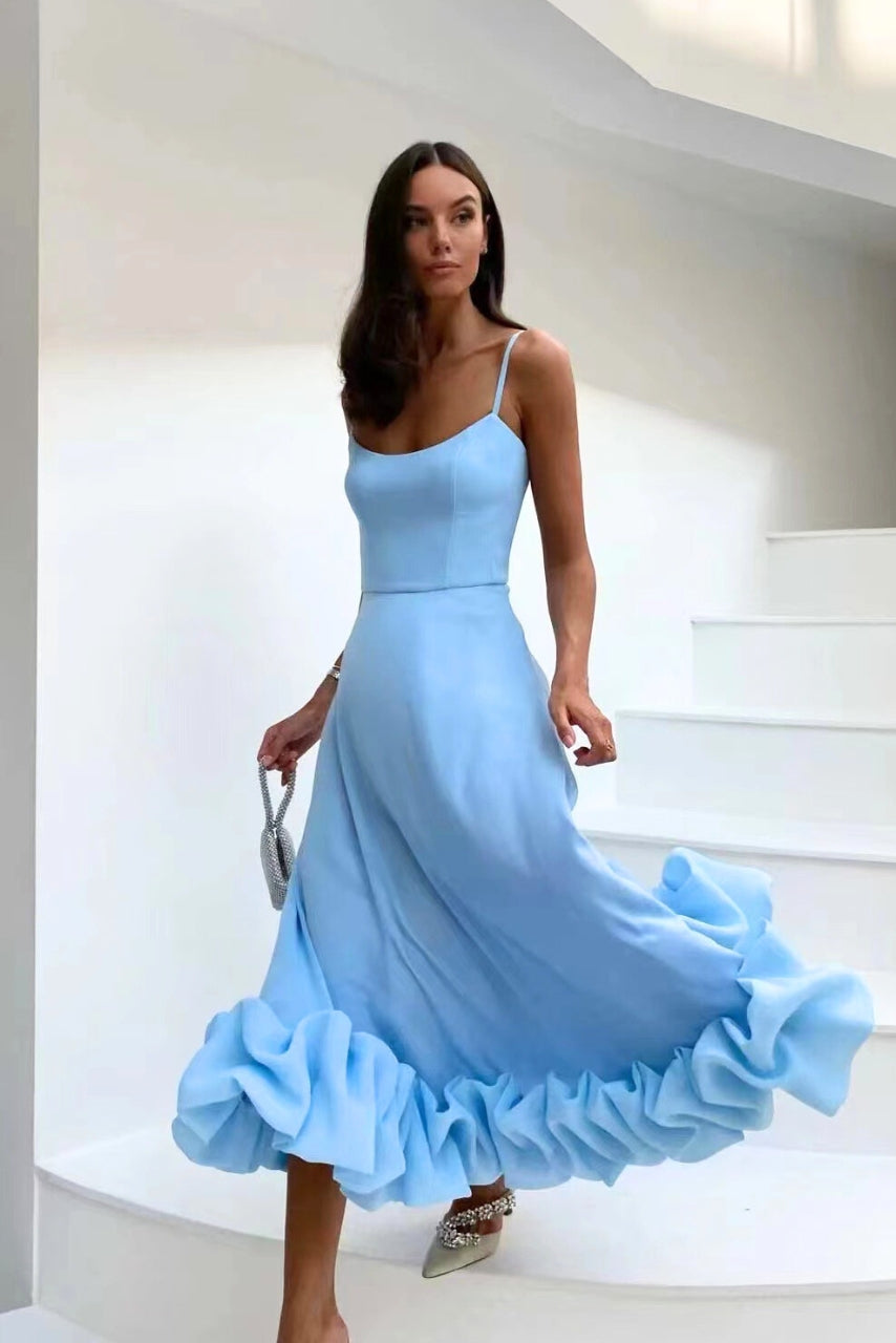 Amorette | Women's Spaghetti Strap Ruffle Hem Midi Dress