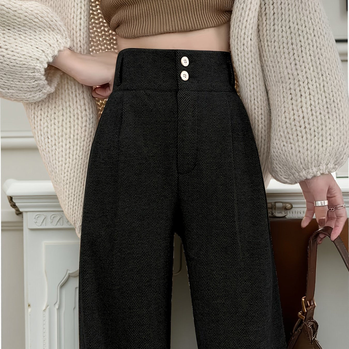 Effortless Herringbone Wide Leg Pants for Women with High Waist Button Front Pleated Tailored Style