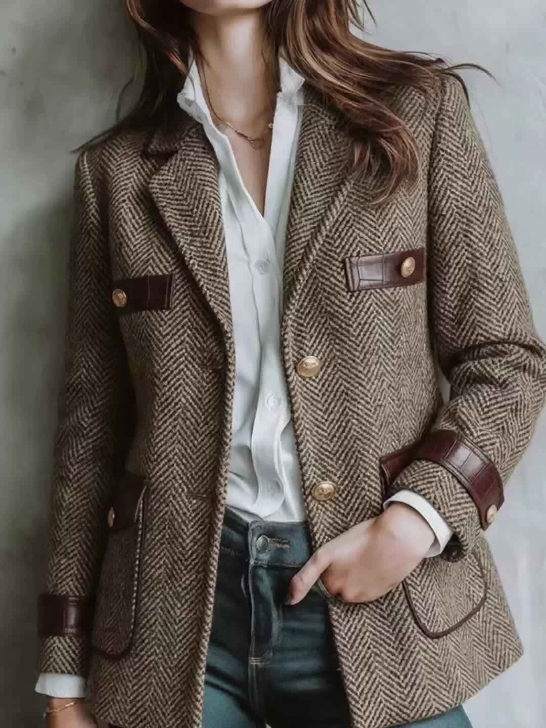 Elegant Khaki Herringbone Tweed Blazer for Women with Notch Lapel Long Sleeve Leather Trim Tailored Style