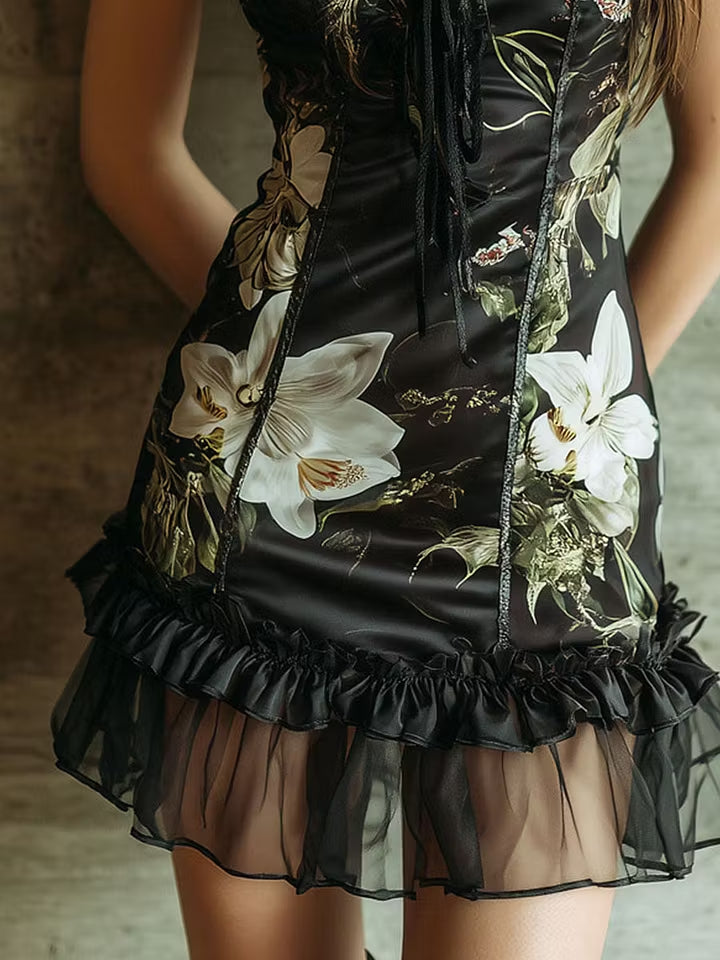 Elegant Black Floral Corset Mini Dress for Women with Ruffle Trim Mesh Hem