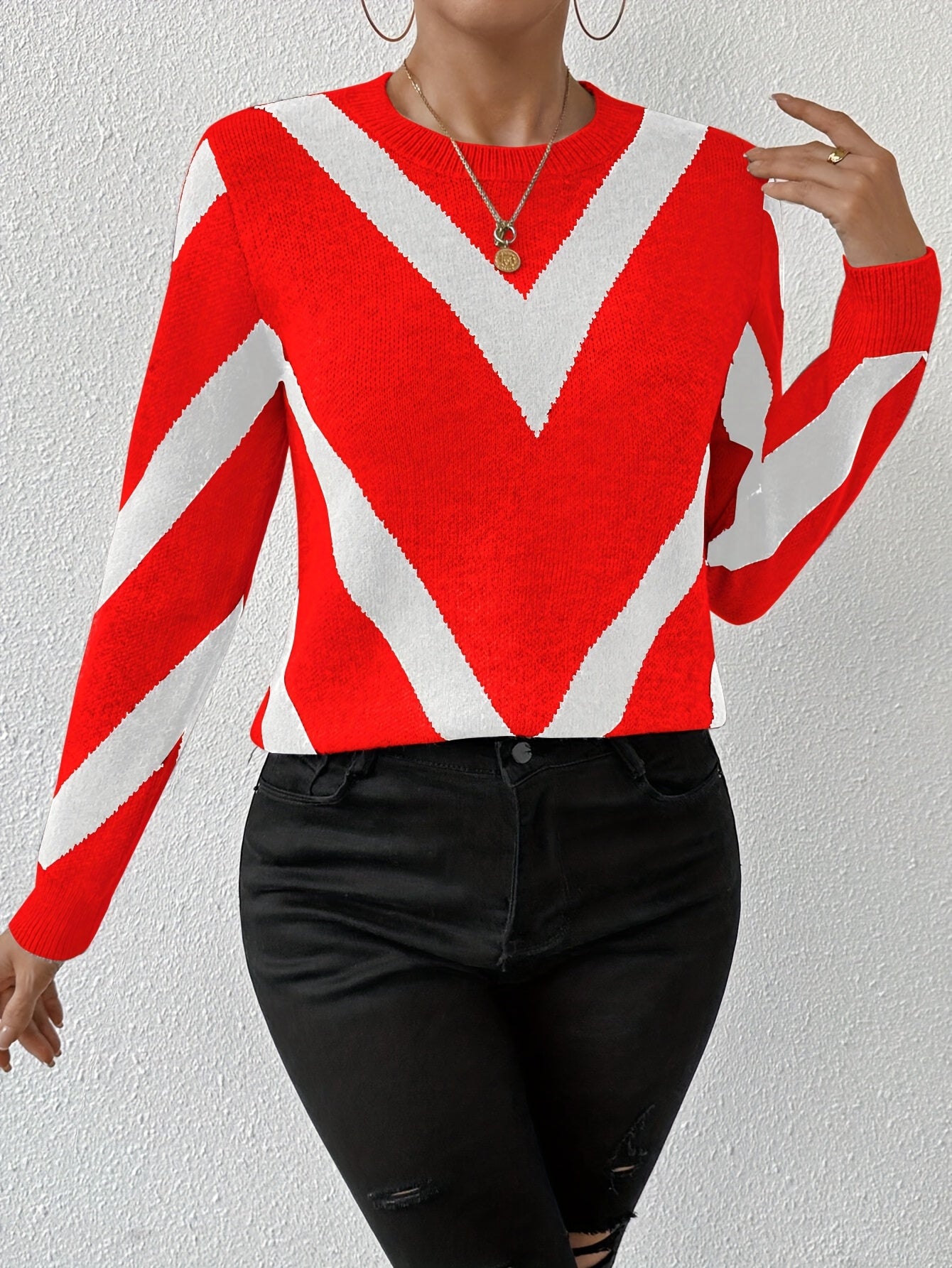 Comfortable Coffee Brown Chevron Sweater for Women with Crew Neck Long Sleeve Relaxed Oversized Knit Style