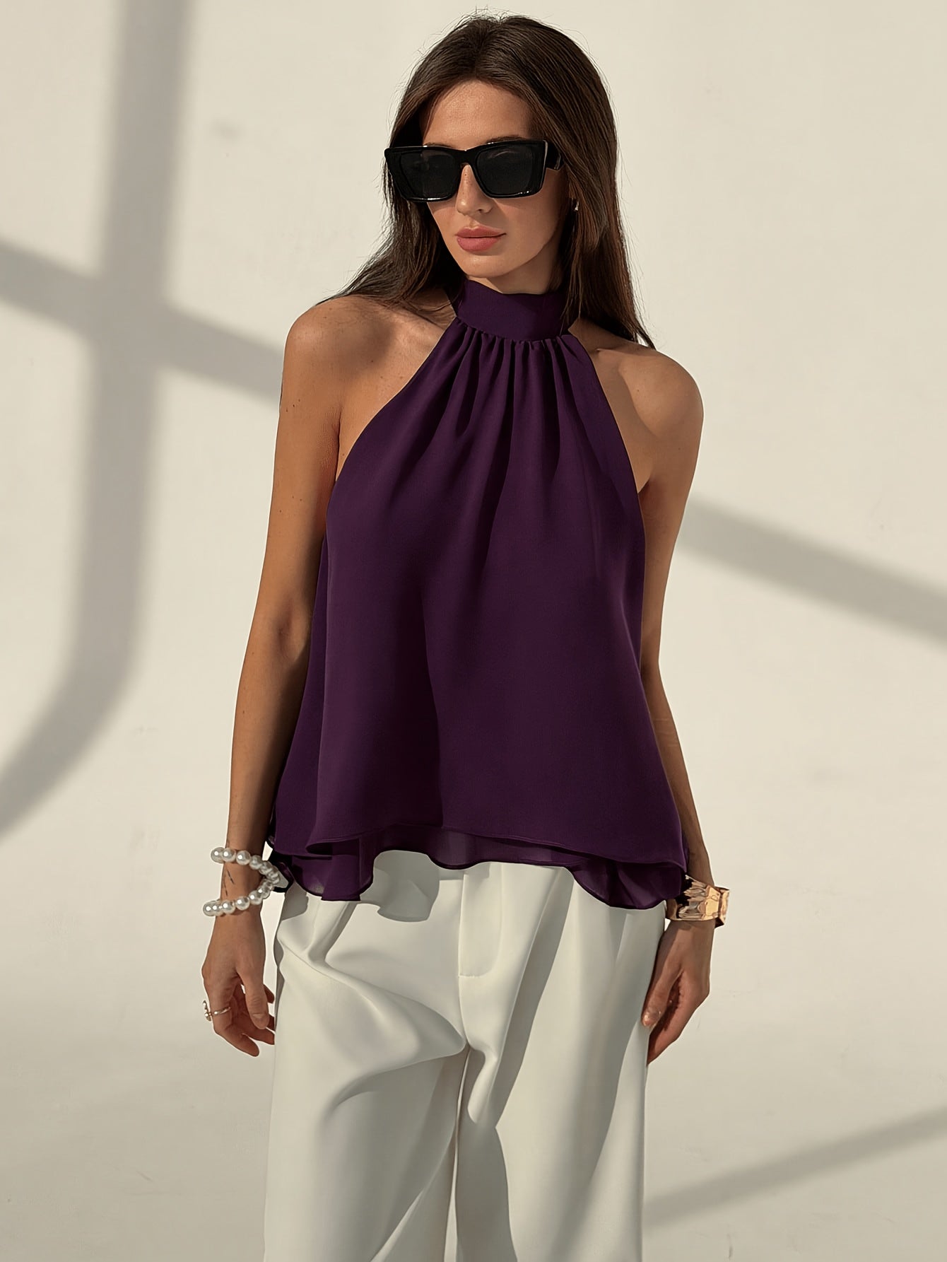 Elegant Purple Chiffon Halter Top for Women with High Neck Sleeveless Flowing Asymmetric Style