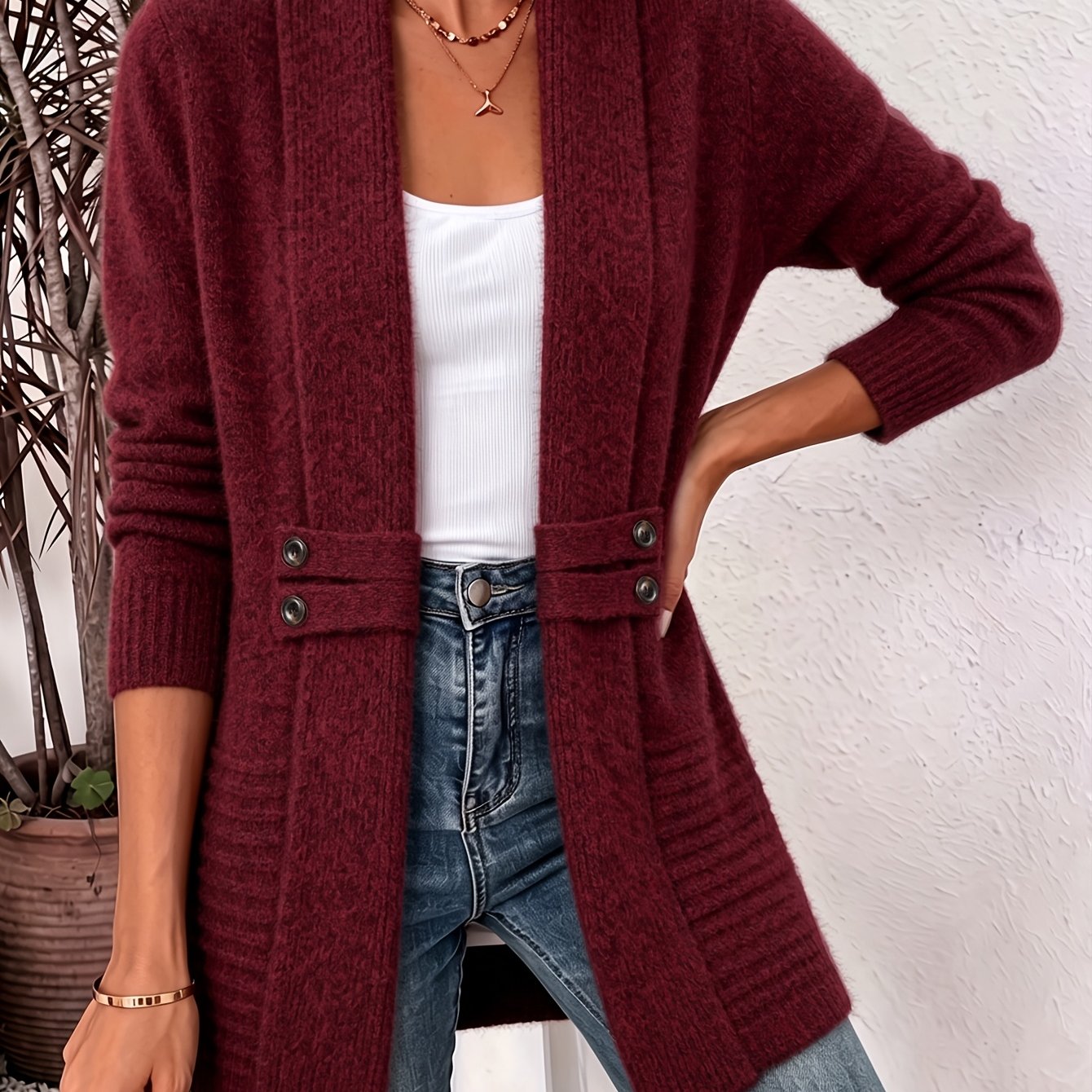 Comfortable Ribbed Knit Cardigan Sweater for Women with Shawl Collar Long Sleeve Button Detail Casual Style