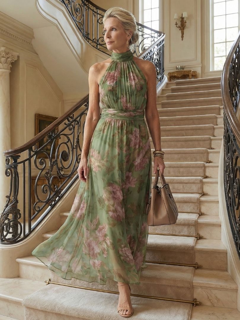 Elegant Green Floral Maxi Dress for Women with Halter Neck Sleeveless Ruched Flowing Wedding Guest Style