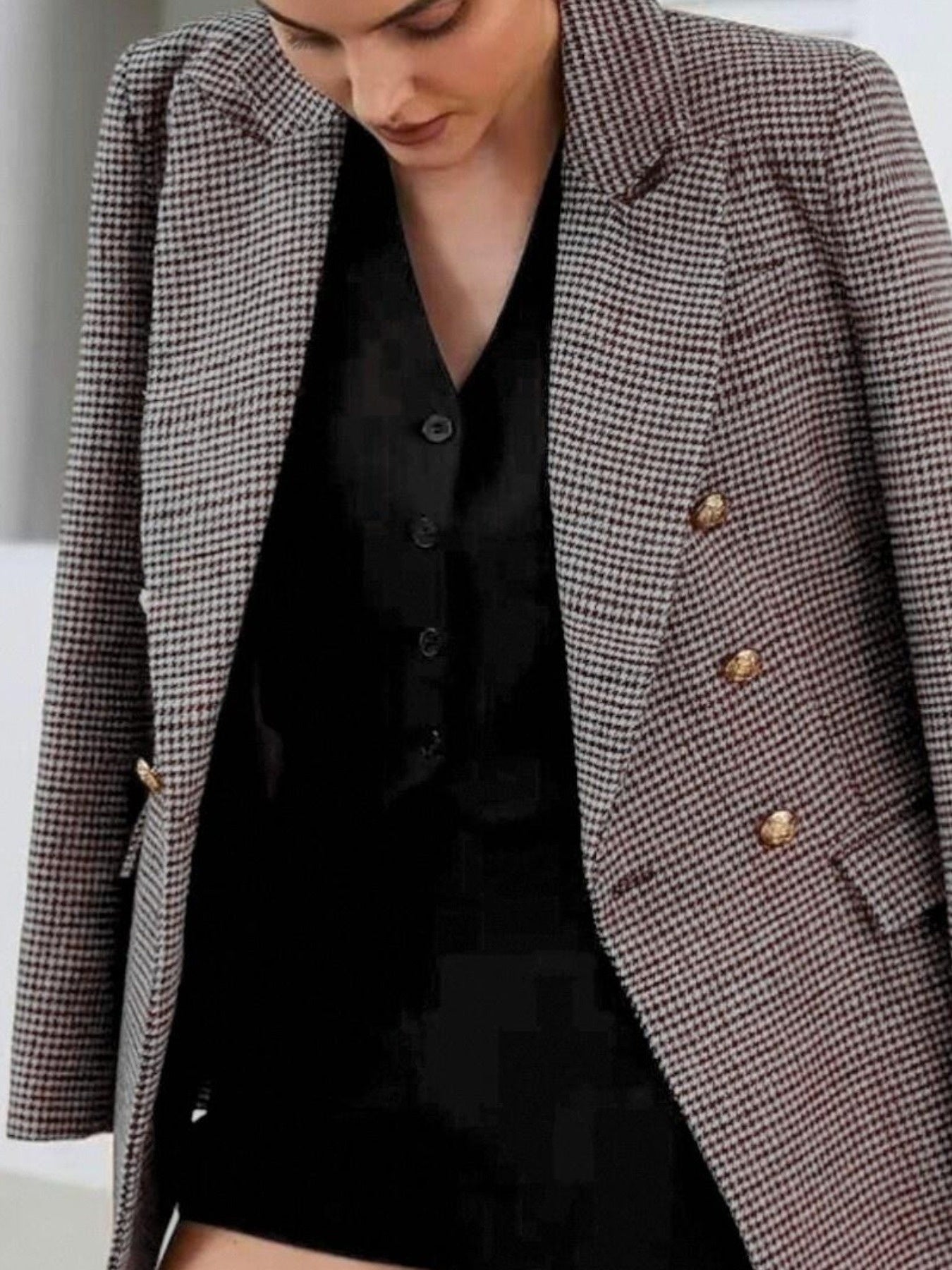 Elegant Coffee Brown Houndstooth Blazer for Women with Notched Lapel Long Sleeve Double Breasted Oversized Style