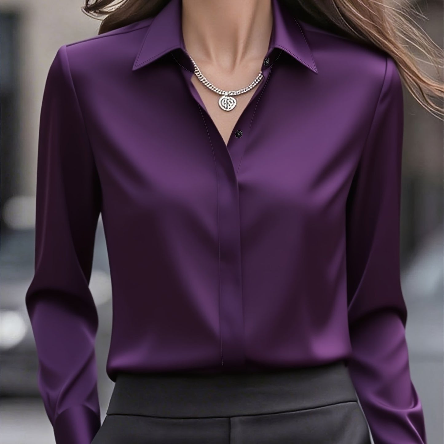 Elegant Satin Blouse for Women with Collar Long Sleeve Button Front Relaxed Silky Style