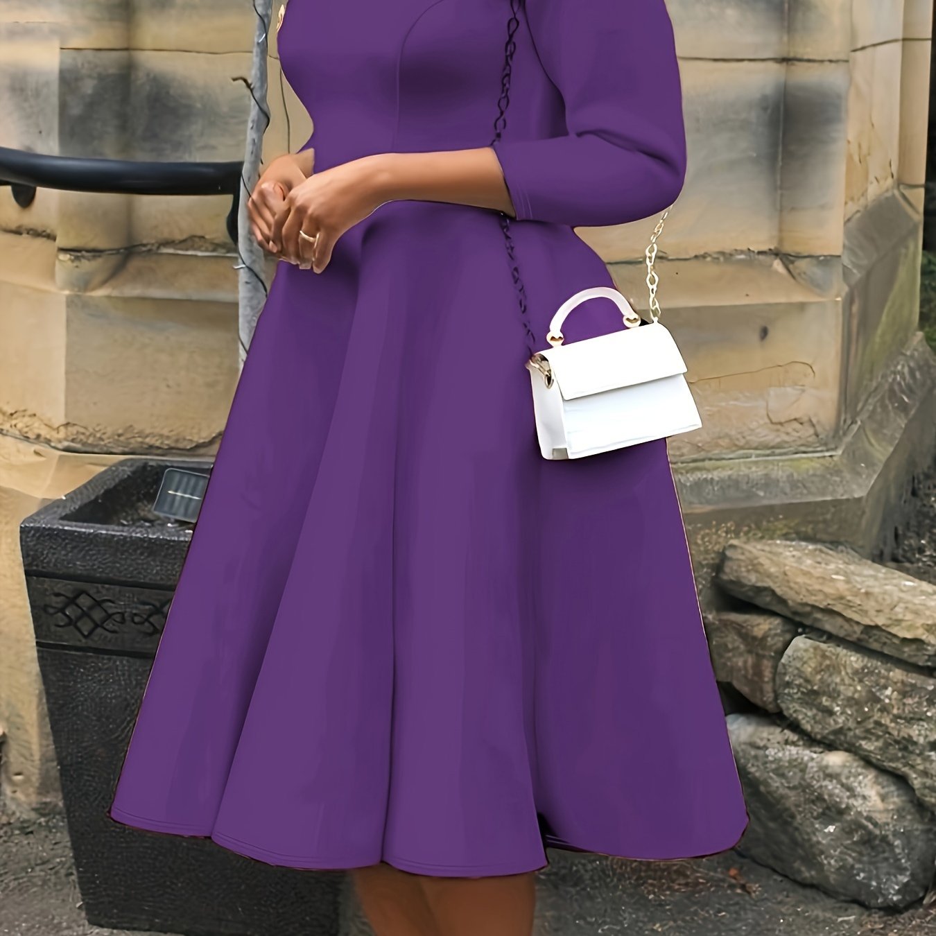 Elegant A Line Midi Dress for Women with Round Neck Elbow Sleeve Fit and Flare Style