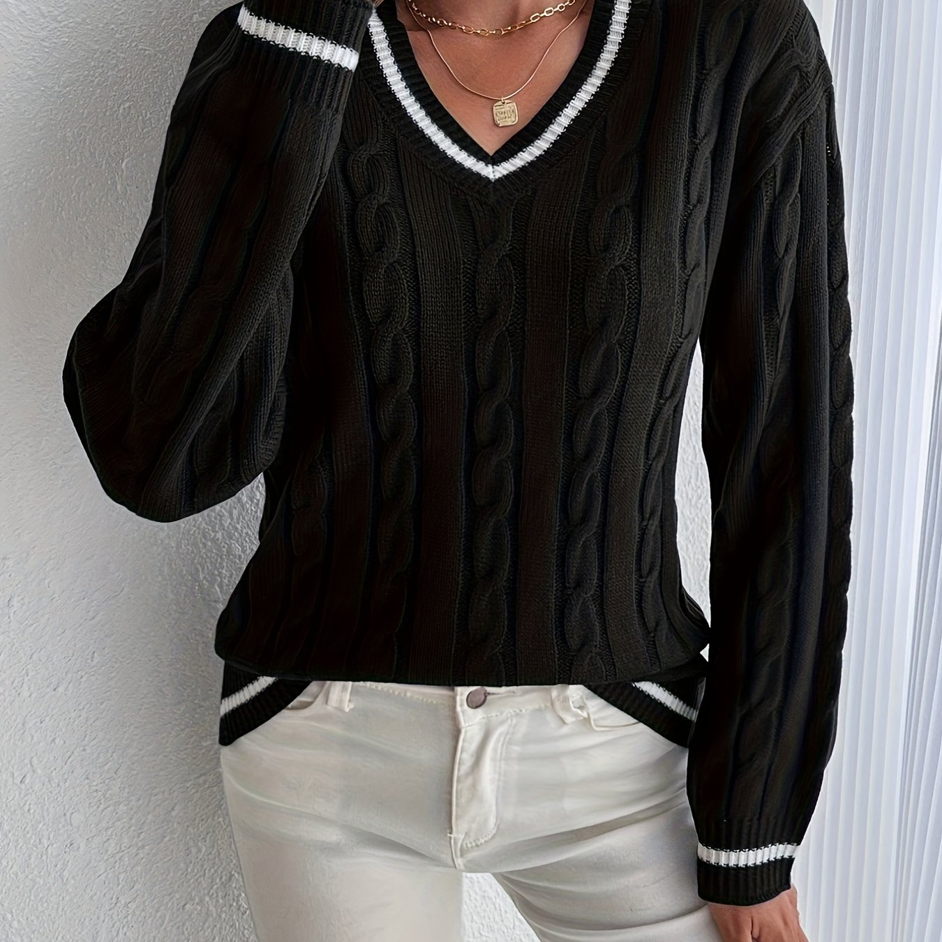 Comfortable Cable Knit Sweater for Women with V Neck Long Sleeve Contrast Stripe Relaxed Varsity Style