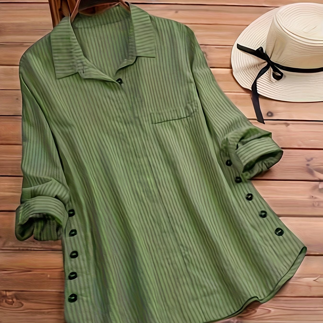 Effortless Striped Tunic Blouse for Women with Collar Long Sleeve Button Detail Relaxed Casual Style