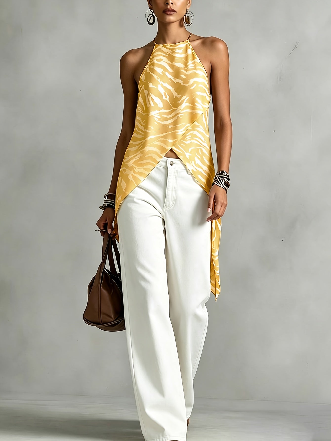 Elegant Brown Zebra Print Halter Top for Women with Sleeveless Asymmetrical Wrap Hem Flowing Style