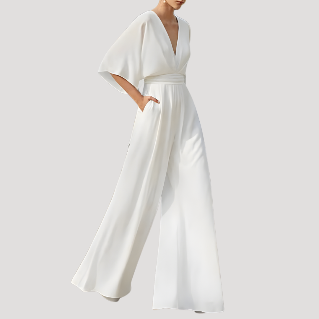 Elegant Wide Leg Jumpsuit for Women with V Neck Flutter Sleeve Fitted Waist Formal Style