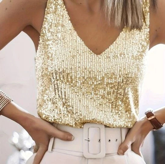 Elegant Sequin Tank Top for Women with V Neck Sleeveless Cropped Sparkle Formal Party Style