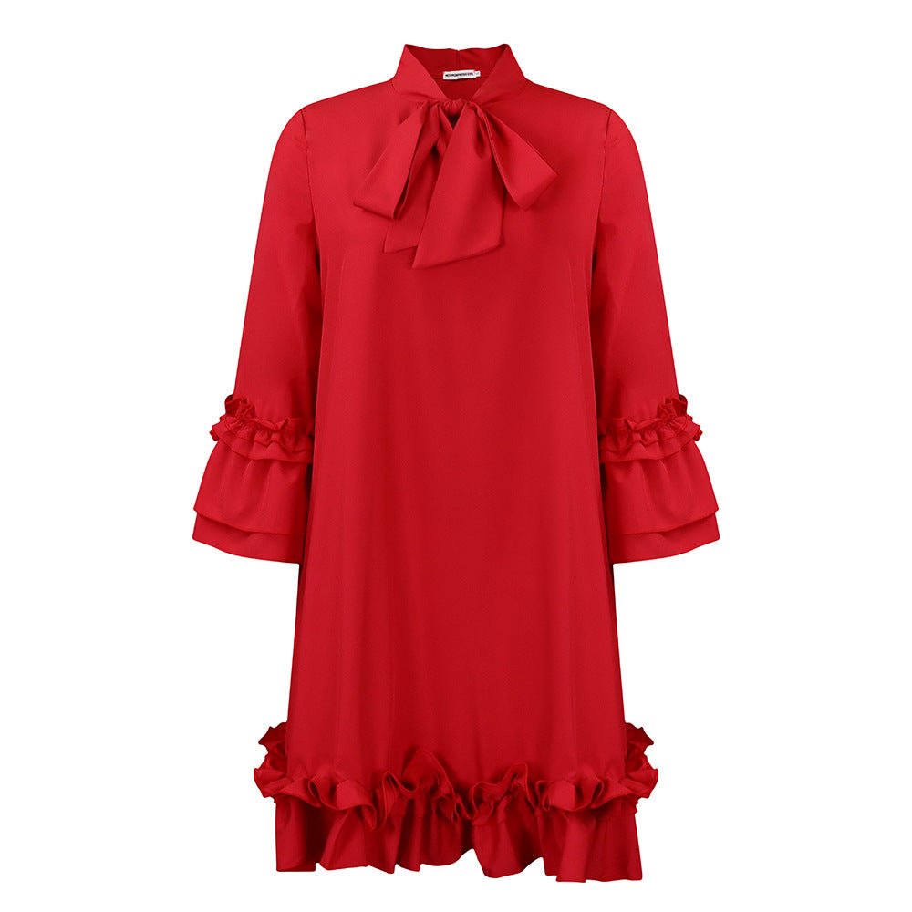 Effortless Mini Dress for Women with Ruffle Hem Bow Neck Tunic Style