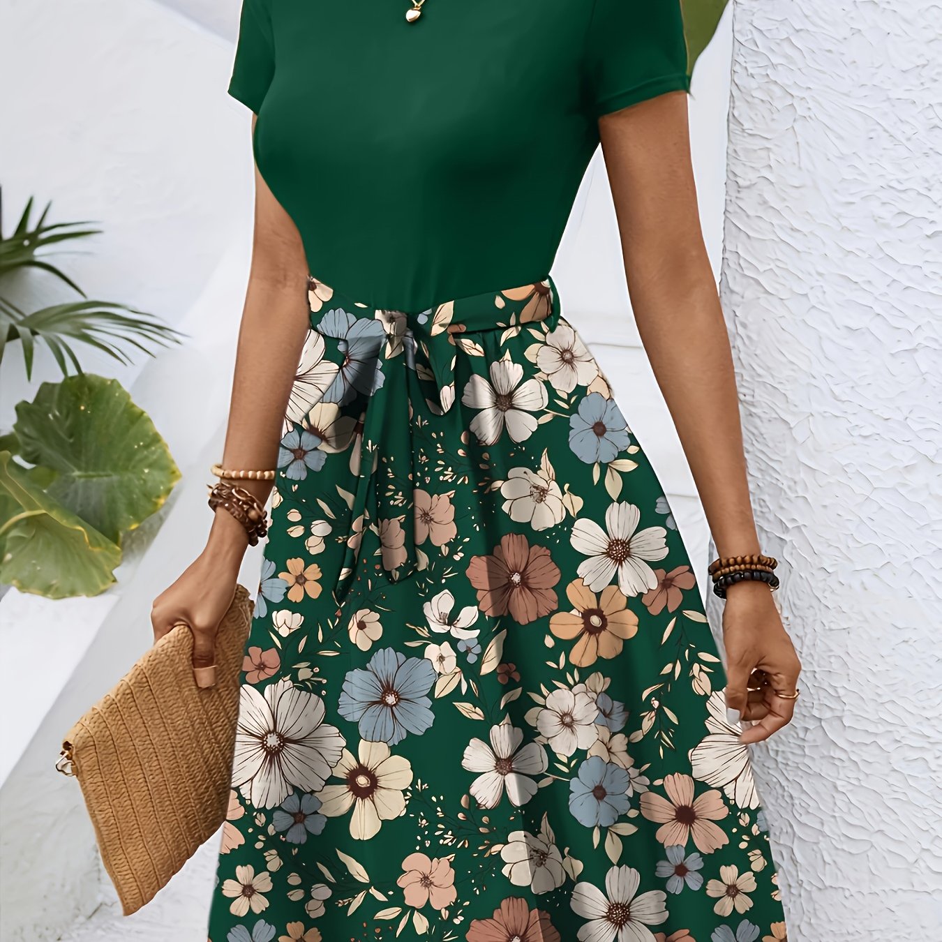 Effortless Floral Midi Dress for Women with Round Neck Short Sleeve Tie Waist A Line Style