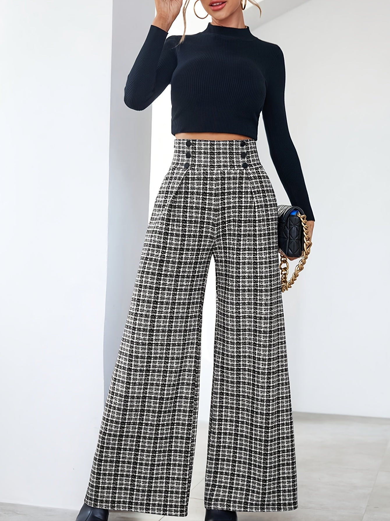 Elegant Black and White Plaid Wide Leg Pants for Women with High Waist Button Front Pleated Tailored Style